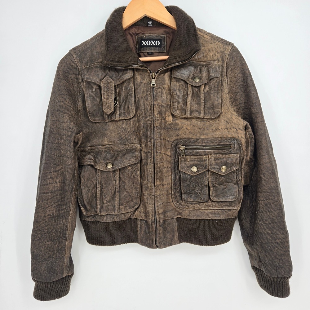 Vintage Distressed Brown Real Leather Bomber Jacket Womens M Knit Trim Utility